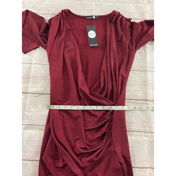 NWT BooHoo Burgundy Long Sleeve Ruched Bodice Dress - 10 - Picture 6 of 12